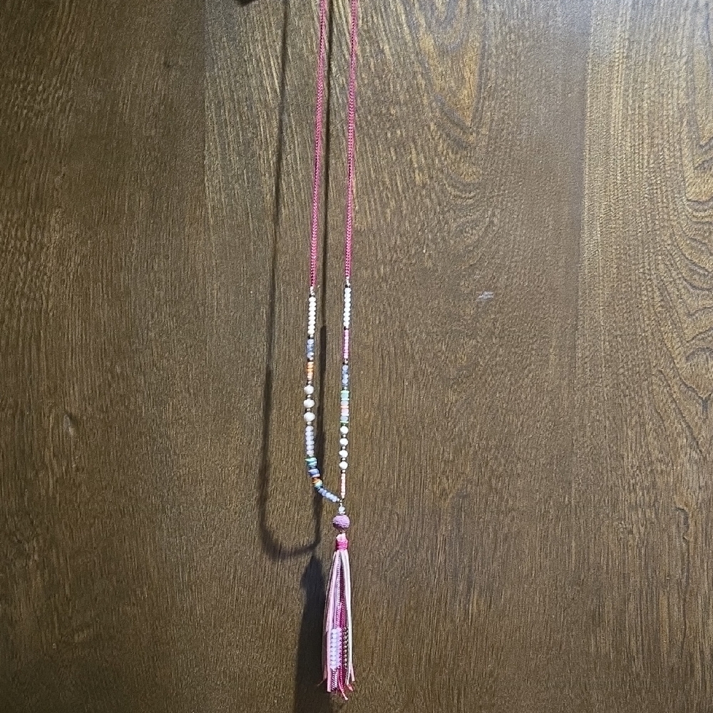 Pink Beaded Tassel Necklace